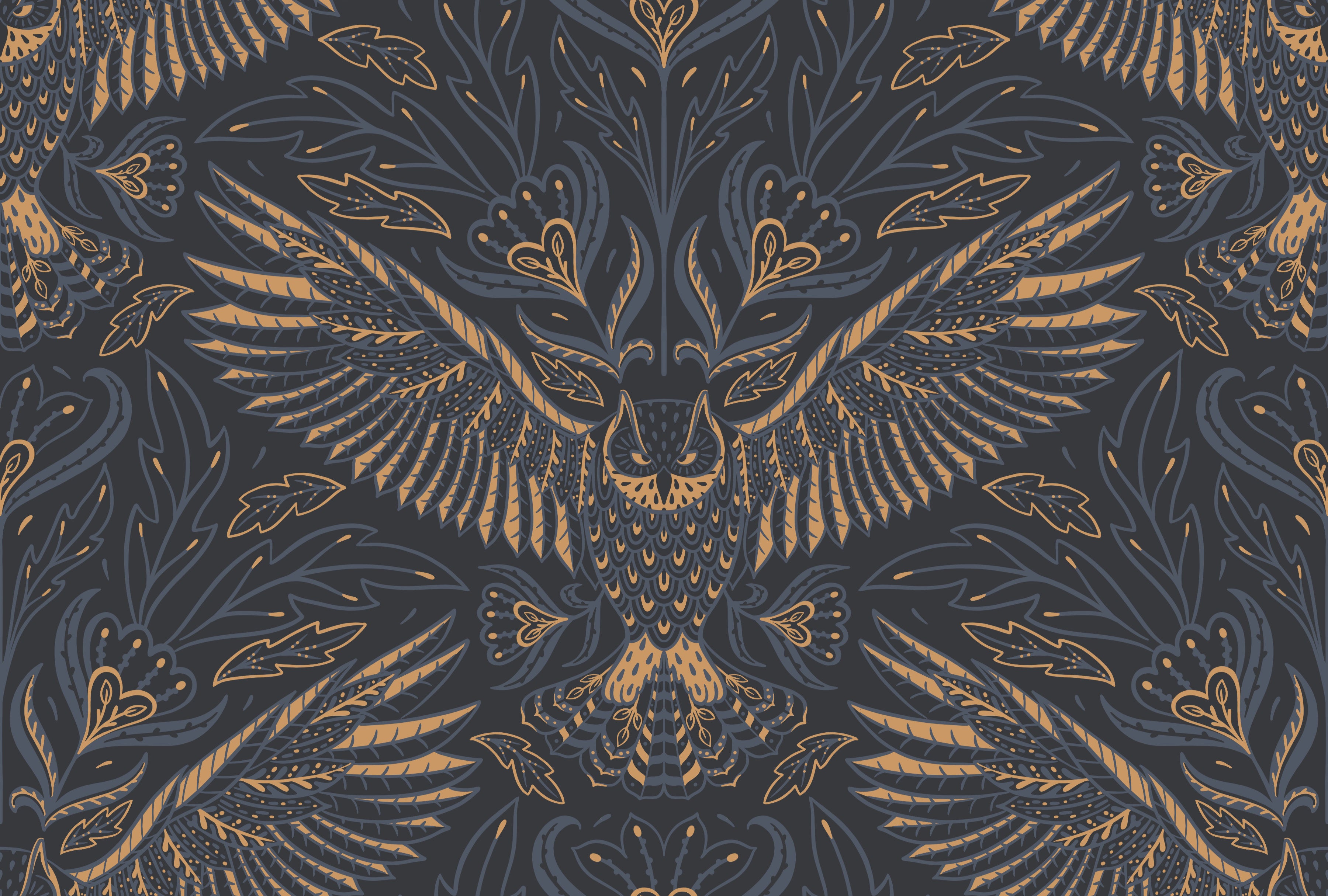 Decorative pattern with a central design of a owl and leaves on a dark background